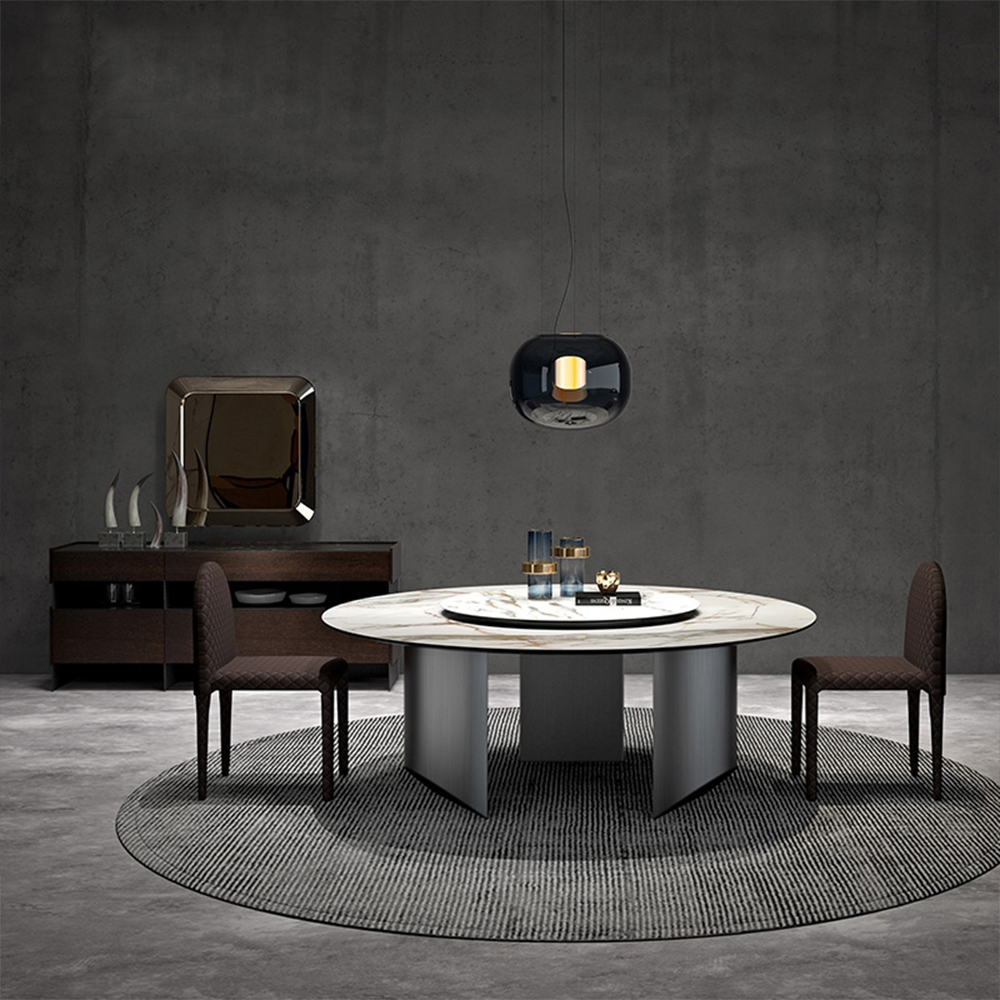 Italian Luxury Modern Round Ceramic Marble Top Stainless Steel Legs Dining Table Set