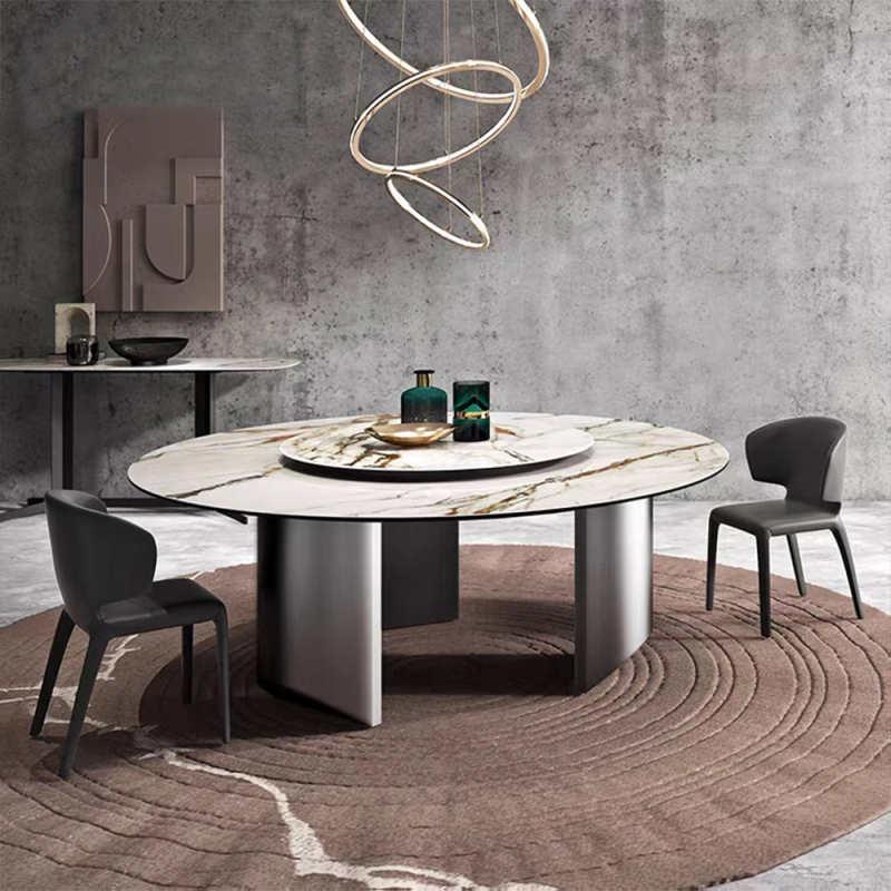 Italian Luxury Modern Round Ceramic Marble Top Stainless Steel Legs Dining Table Set