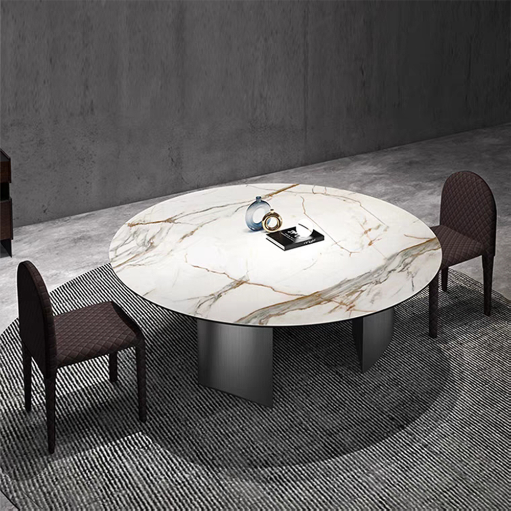 Italian Luxury Modern Round Ceramic Marble Top Stainless Steel Legs Dining Table Set