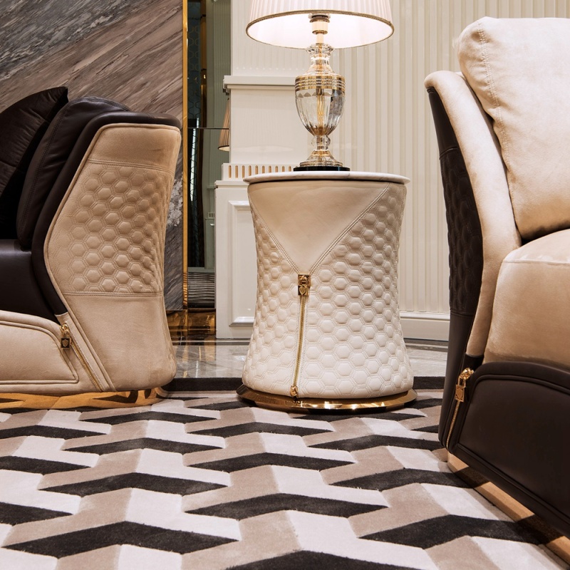 Black And White Leather Marble Top Round Coffee Table