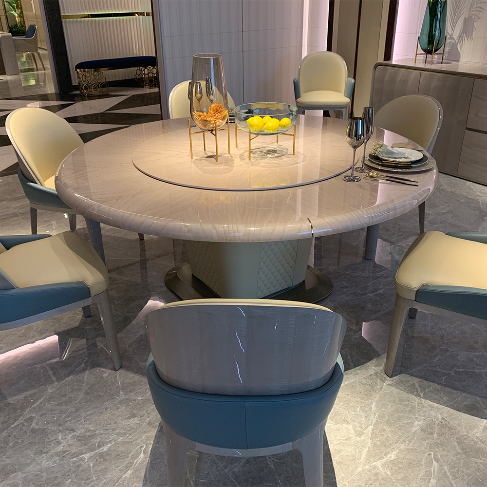 Round Modern Luxury Dining Table with Metal Base and Wood Veneer