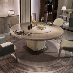 Round Modern Luxury Dining Table with Metal Base and Wood Veneer