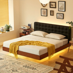 Solid Wood Bed and Leather Upholstered Headboard - Timeless Elegance
