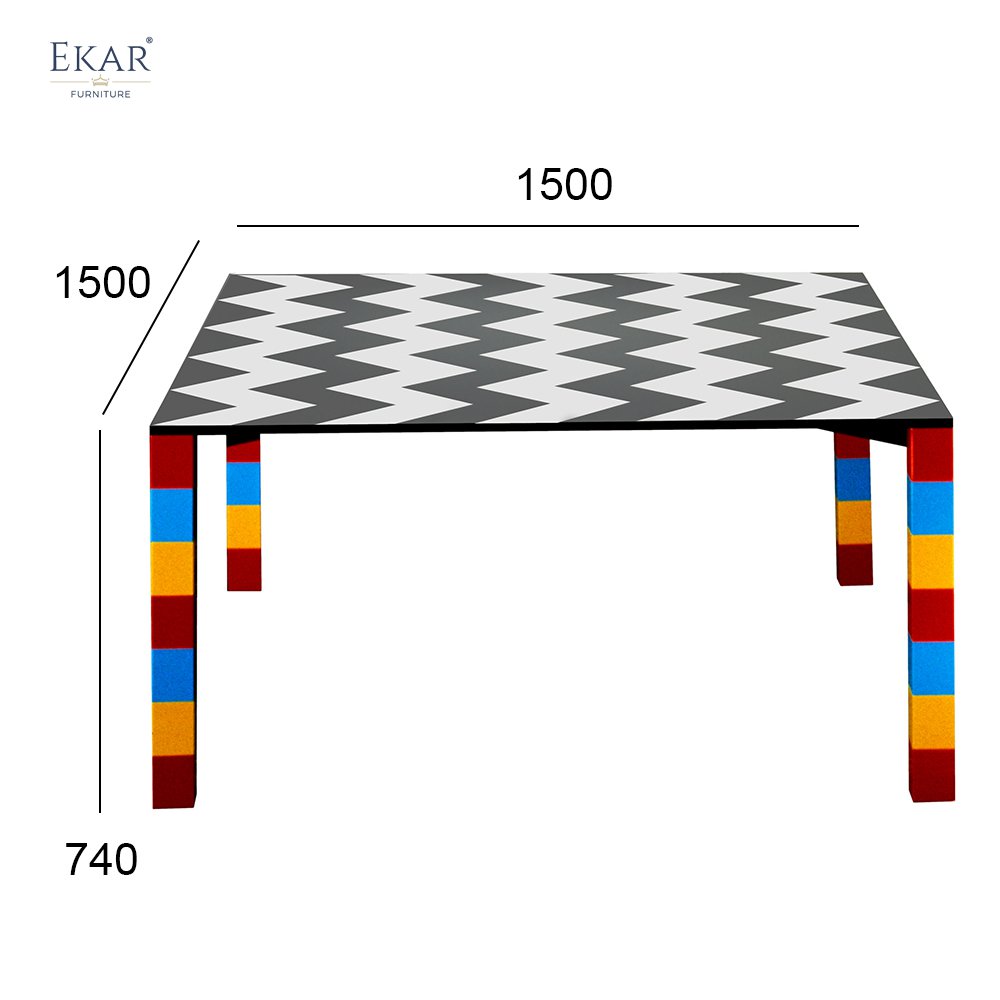 Gray and white stone mosaic tabletop, red, yellow and blue base dining table