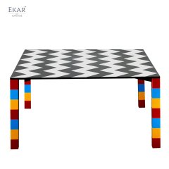 Gray and white stone mosaic tabletop, red, yellow and blue base dining table