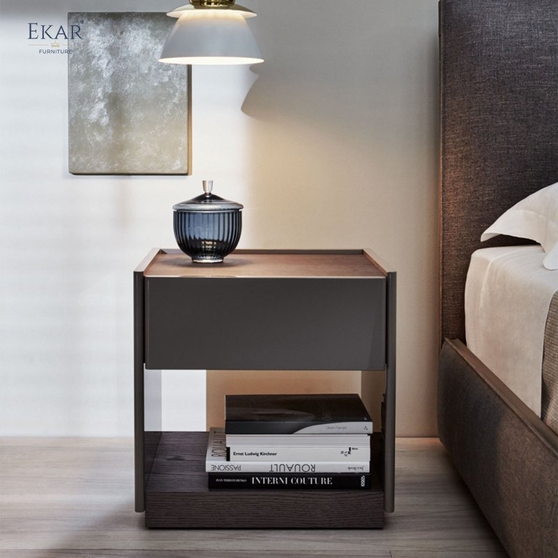 Chinese Red Lacquered Nightstand with Oil Finish Drawers and Side Panels