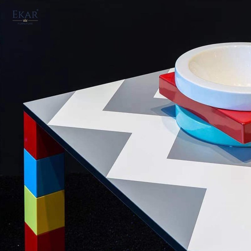 Gray and white stone mosaic tabletop, red, yellow and blue base dining table