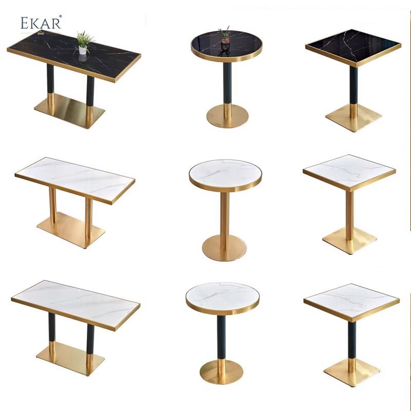 Black and White Marble Dining Table with Titanium Brushed Stainless Steel Base
