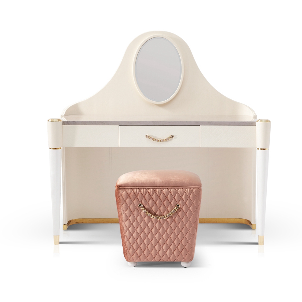 White Leather Elegant Bedroom Dressing Table With Mirror