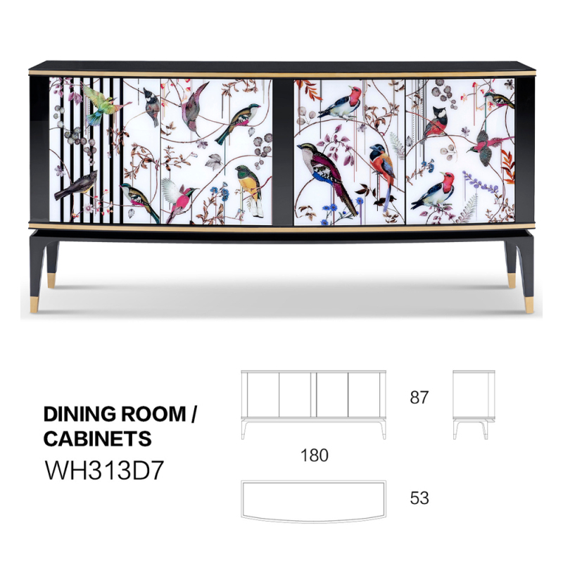 Flower and bird print sideboard inlaid with crystal diamonds