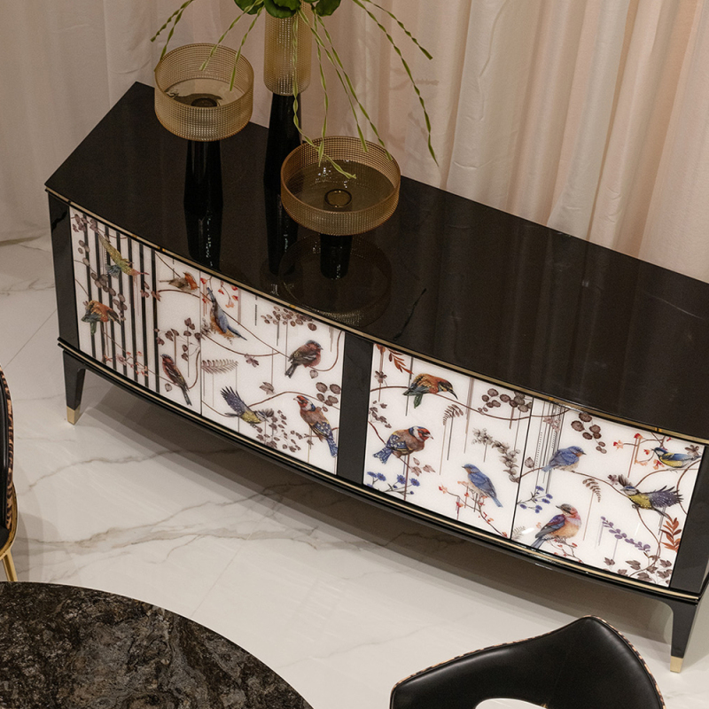 Flower and bird print sideboard inlaid with crystal diamonds
