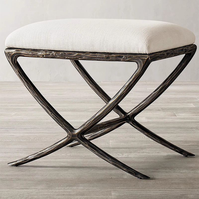 Forged Vintage Copper Iron Frame Living Room Stool with Fabric