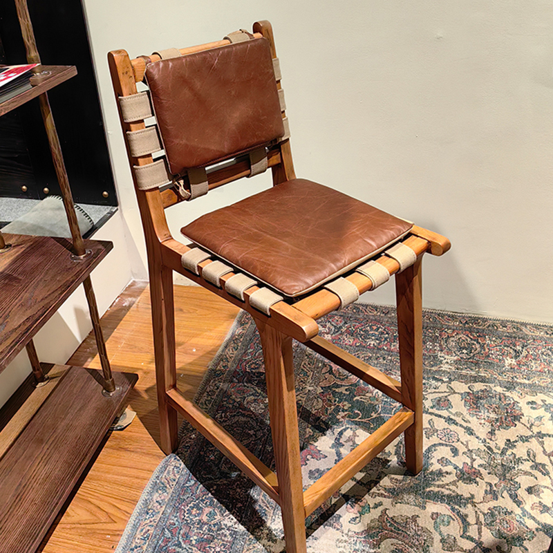 Solid wood bar chair in leather and fabric