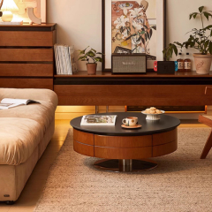 Cherry wood veneer and rock top living room round coffee table