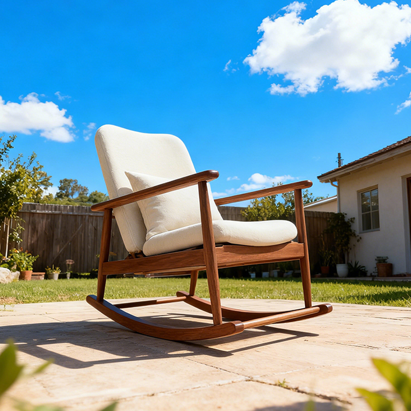 EKAR Solstice Solid Teak Outdoor Rocking Chair with Weather-Resistant Cream Cushions