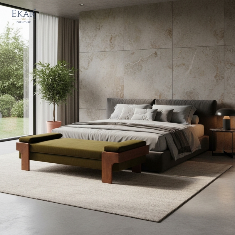 Block Leg Upholstered Bed Bench | Modern Solid Wood Bedroom Bench with Fabric Seat | EKAR FURNITURE