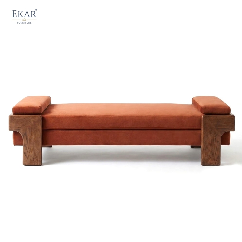 Block Leg Upholstered Bed Bench | Modern Solid Wood Bedroom Bench with Fabric Seat | EKAR FURNITURE