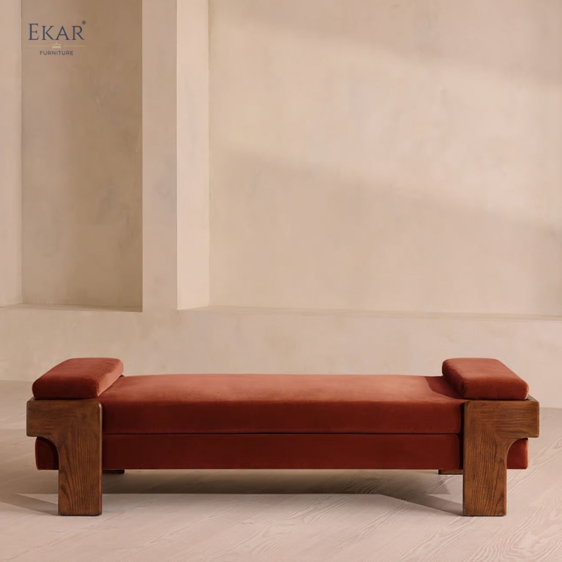 Block Leg Upholstered Bed Bench | Modern Solid Wood Bedroom Bench with Fabric Seat | EKAR FURNITURE