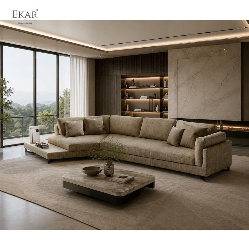 Modern L-Shaped Sectional Sofa – Minimalist Fabric Corner Sofa with Side Table | EKAR Furniture