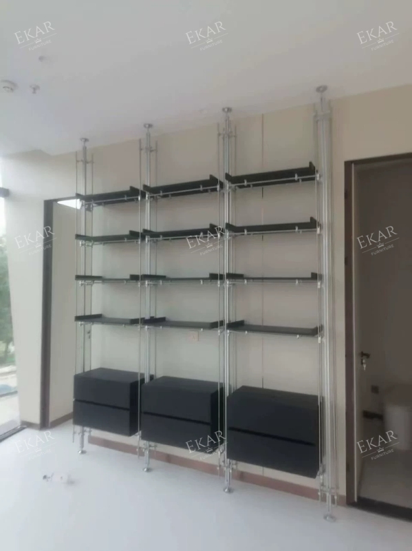 EKAR Bauhaus Custom Floor-to-Ceiling Shelving System with Aluminum Columns and Stainless Steel Rods