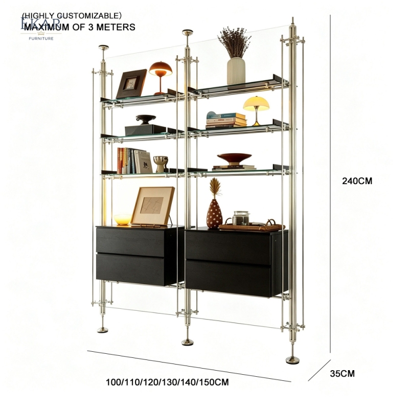 EKAR Bauhaus Custom Floor-to-Ceiling Shelving System with Aluminum Columns and Stainless Steel Rods