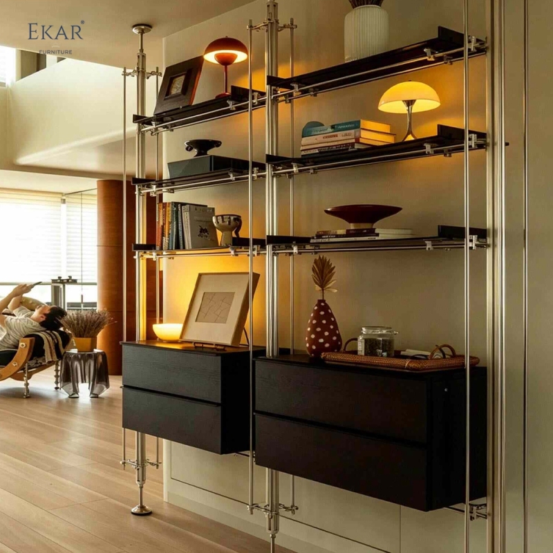 EKAR Bauhaus Custom Floor-to-Ceiling Shelving System with Aluminum Columns and Stainless Steel Rods