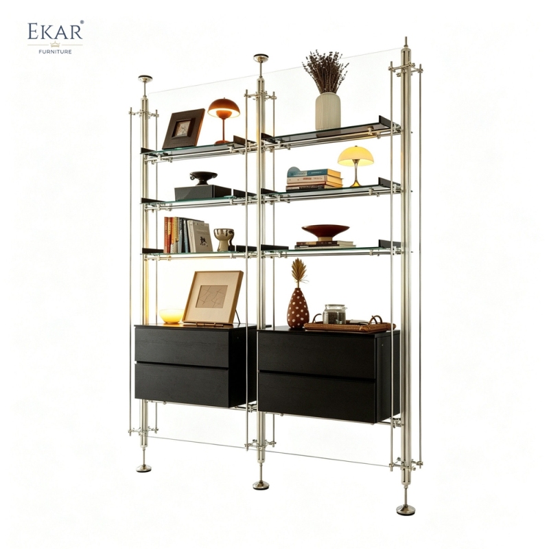 EKAR Bauhaus Custom Floor-to-Ceiling Shelving System with Aluminum Columns and Stainless Steel Rods
