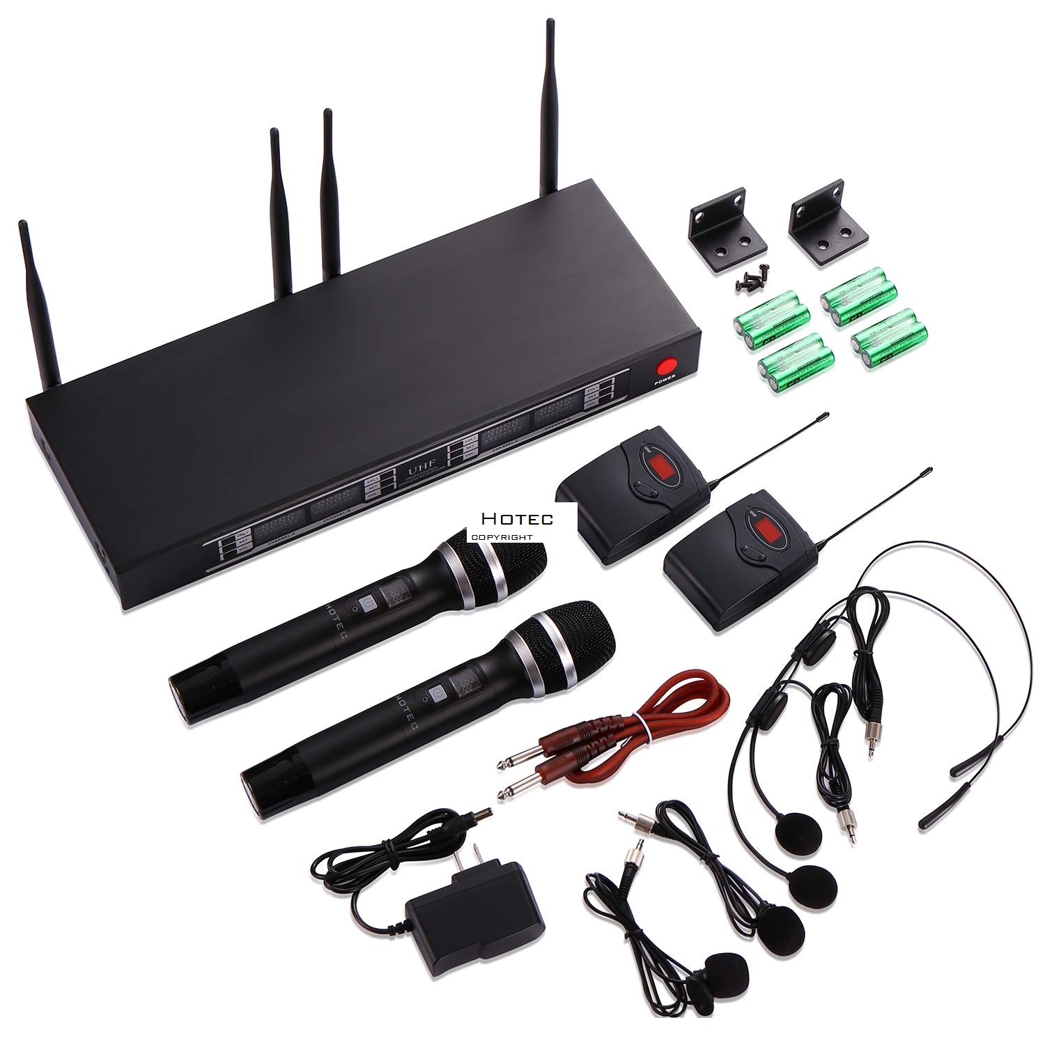 Hotec 4Channel Wireless Microphone System with 2 Handheld Mics 2 Lapel