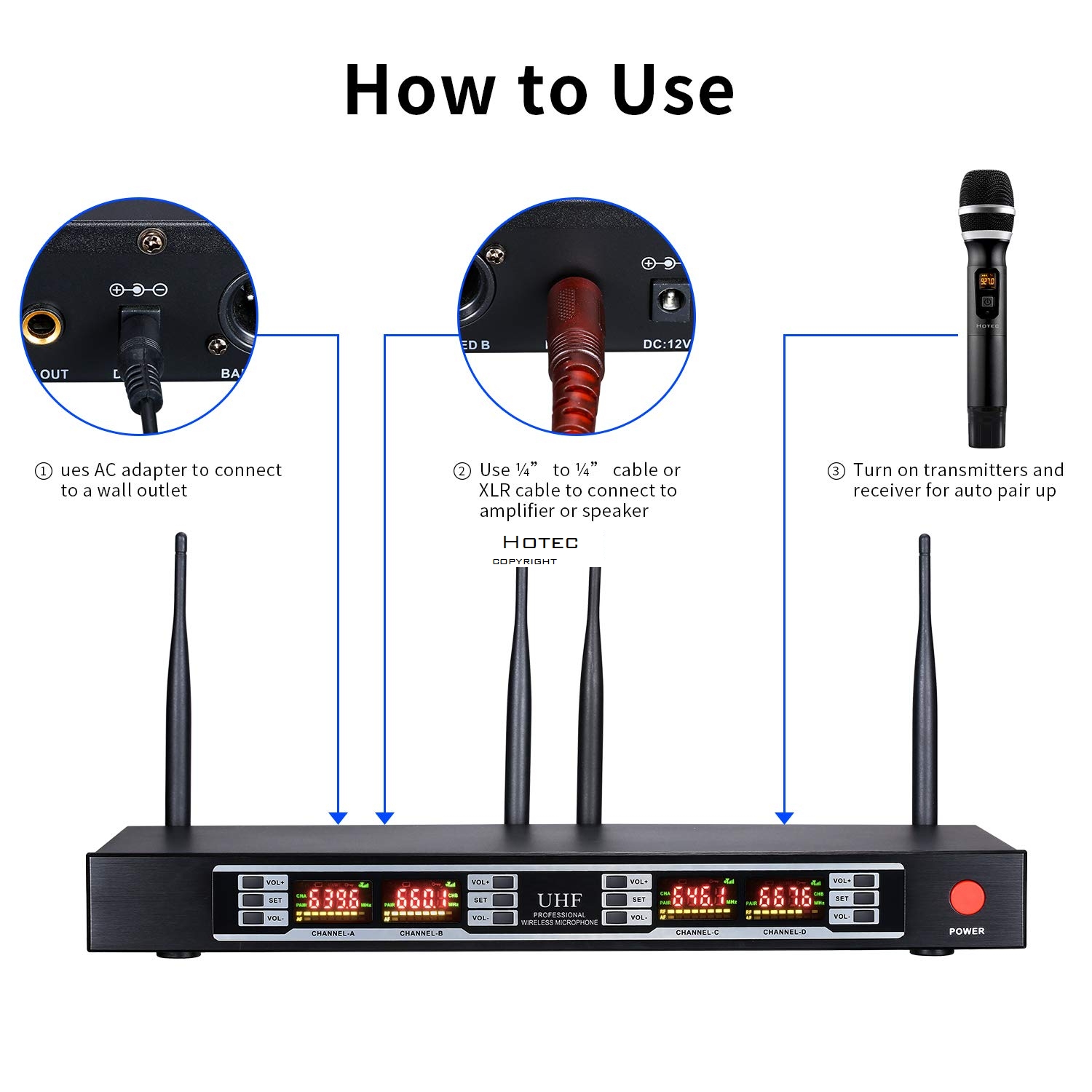 Hotec 4Channel Wireless Microphone System with 2 Handheld Mics 2 Lapel