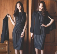 2518858#Cloak+Stripe Dress2pcs suit