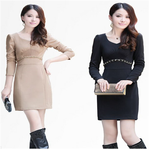 UNM~Women's round neck collar Thin waist long sleeves dress