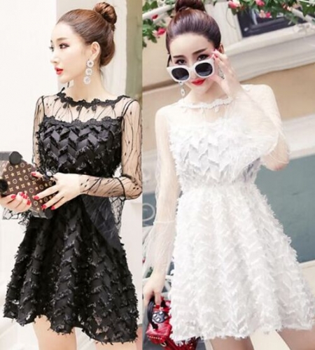 UNM~Sleeve Perspective Lace Stitching High Quality Waist Dress