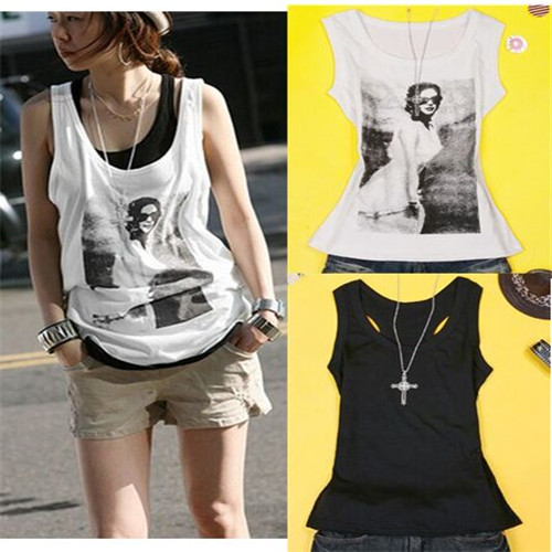 UNM~Women's 2pcs Set sleeveless printed T-shirt