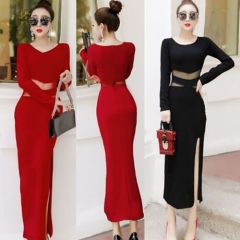 UNM~Women's Long sleeve perspective split Pack hip Sexy nightclub dress