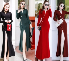 UNM~Women's sexy long skirt long-sleeved V-neck Slim thin dress