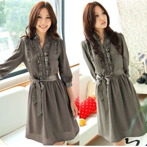 UNM~Women's V collar lotus leaf sleeve thin waist dress