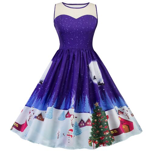 UNM~Women's Snowman Christmas tree hot lace print Dress