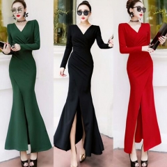 UNM~Women's V collar Slim irregular fishtail skirt Dress