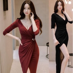 UNM~Women's long-sleeved sexy Slim package hip split Dress