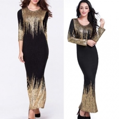 UNM~Women's Round neck gold foil bubble Slim long-sleeved Dress