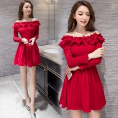 UNM~Women's One shoulder long sleeve waist was thin Pompon Dress