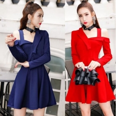 UNM~Women's Shirt collar oblique shoulder sleeves Dress