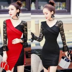 UNM~Women's Lace stitching V collar horn sleeve irregular Dress