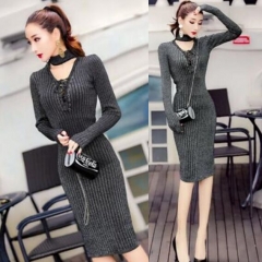 UNM~Women's Slim hollow  bandage super elastic was thin knit  long Dress