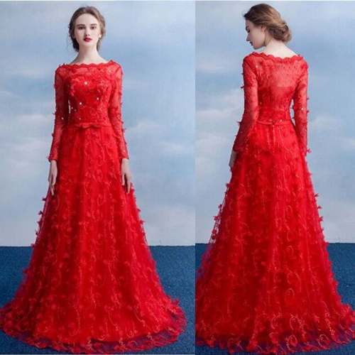 UNM~Women's Red dinner long-sleeved wedding dress