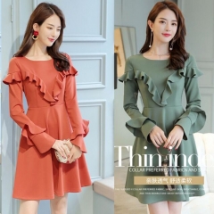 UNM~Women's Round neck solid color petal sleeves Dress