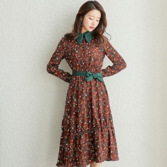 UNM~Women's Floral long-sleeved printing lapel Dress