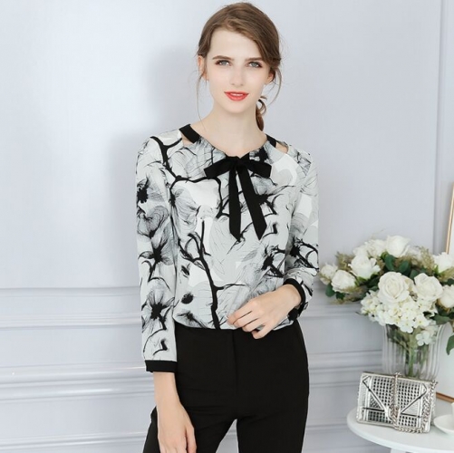 UNM~Women's Round neck tie bow chiffon Shirt