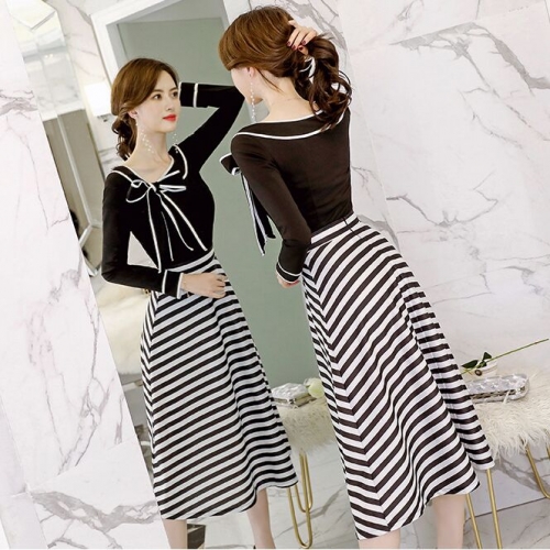 UNM~Women's Round neck bow shirt striped skirt 2pcs Dress
