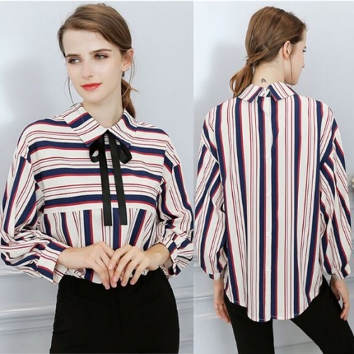 UNM~Women's Lapel tie loose striped thin chiffon Shirt